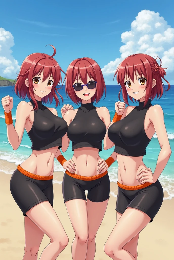 (anime artwork, anime style, studio anime, very detailed, up to date, vibrant, Anime Coloring, high contrast, masterpiece:1.5, best quality, best aesthetics),5 girl,hug from behind,swim suits, Medium chest, A glimpse of thighs,random hair, One eye is hidden by the bangs, perfect proportions, high detail skin, Cute, detailed faces,beach, precise fingers,curvy,swim suits  crowd