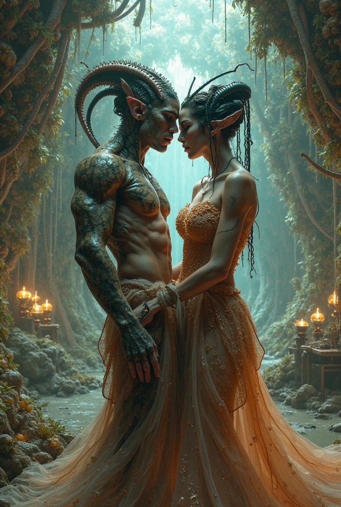 A dark fantasy photograph of two gay characters, a (glowing fairy boy) and his ((horned demon daddy)) embracing each other under the moonlight glow, deep in a fairy-lit dark forest at midnight, photorealistic, intricate details, fantasy, dark romanticism, volumetric lighting, fantasy photoshoot, film, studio lighting, detailed skin, ultra realistic, bokeh, sharp features.