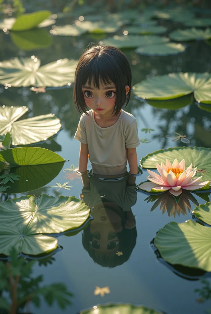 a little lovely kid girl,Short double ponytail,Wearing a light yellow-white dress,Black color hair,In the creek,Catch a fish,very happily