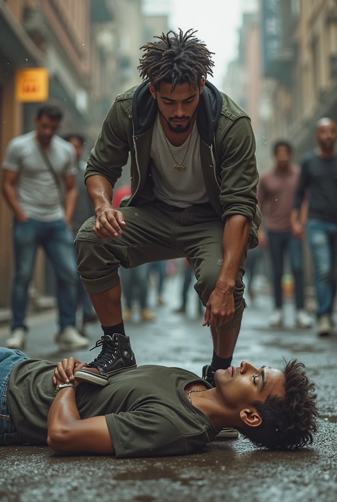 Handsome indian young fit college boy shirtless and wearing tight jeans and timberland brown boots stomping on face of  college boxer and looking aggressivly in front view