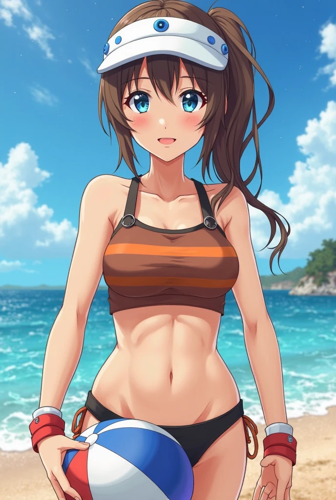 10 years old,Girl,,Flat Chest,Sports Bra,Small white panties,Highest quality、High resolution、Detailed Background、Beautiful face in every detail、Teenage Beauty、Cute hair colour、Brown Hair、Black Hair、Shortcuts、Big smile、boost mood、 Summer sun、Shining Sea