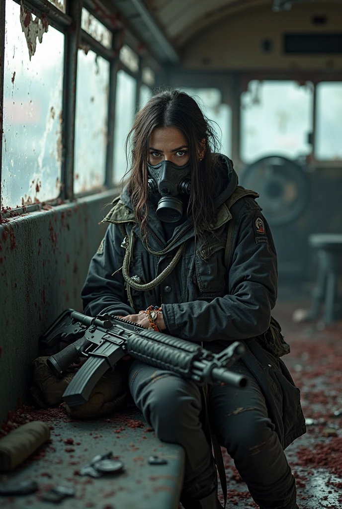 A woman with long black hair,with a military suit,black gloves,black boots, with a gas mask,lying on the floor with blood