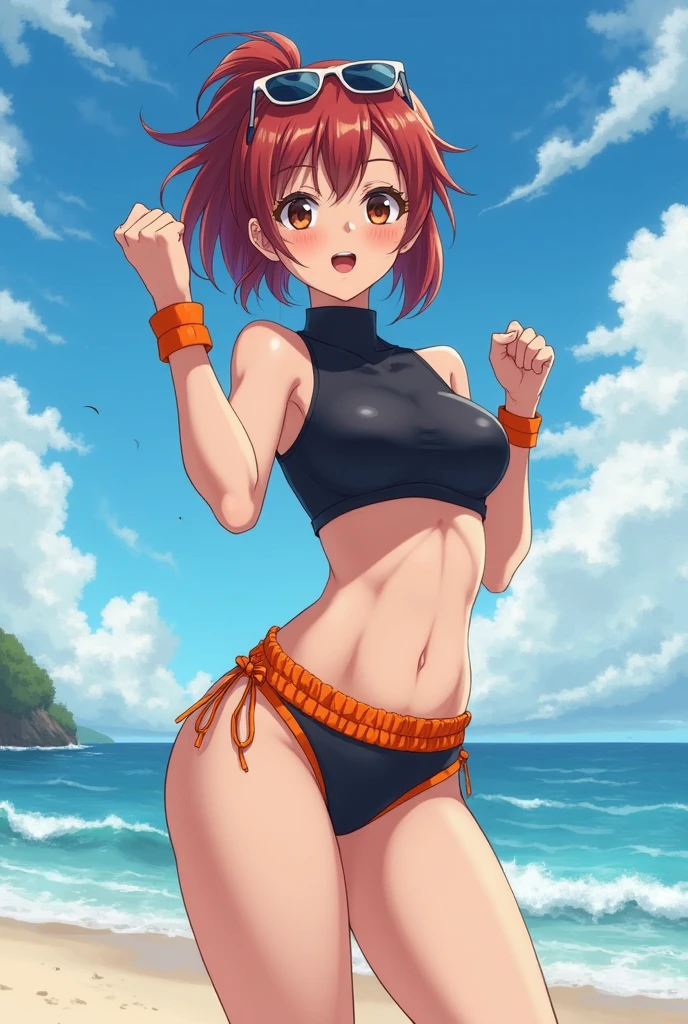 Petite, muscular, woman with muscles, huge chest pov, hentai, red hair bikini,