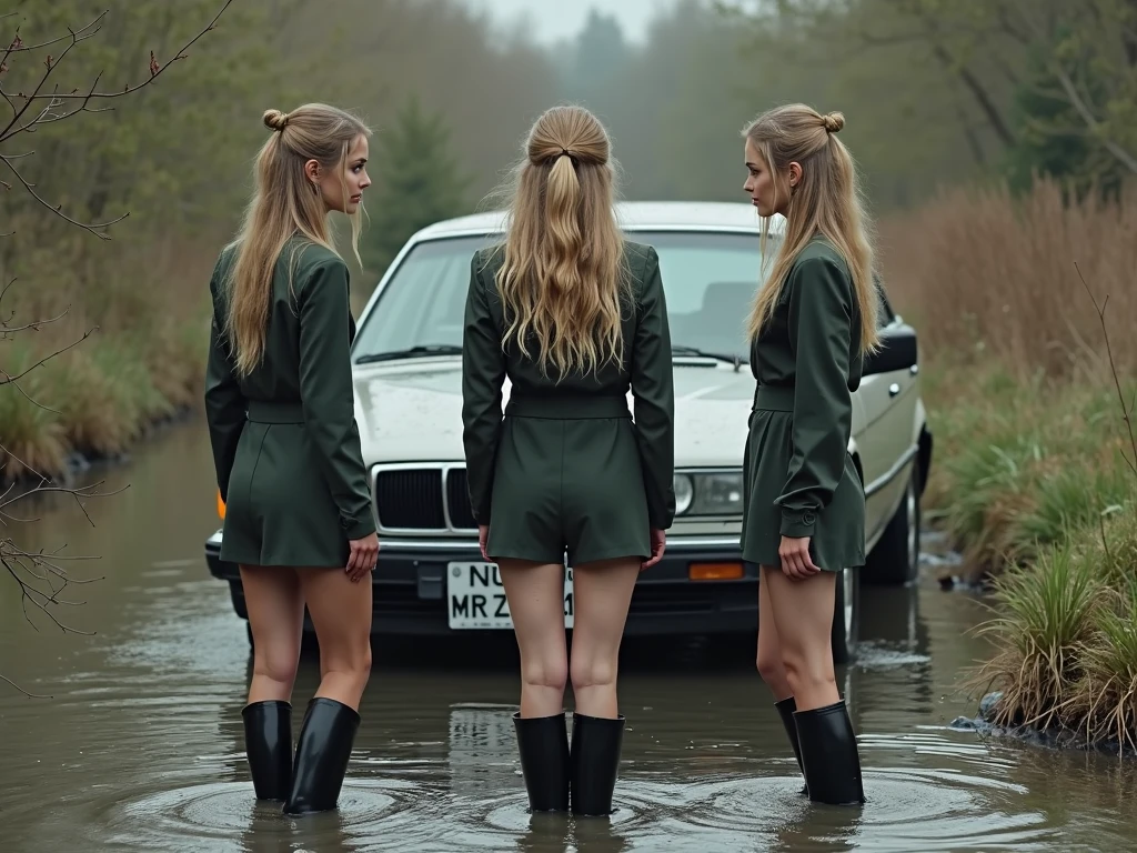 masterpiece, best quality, ((3girls)), (closeup), 18yo teen, slim, small breast, naked breast, nipple, open green raincoat, sitting, in abandoned train, hugging, lode, smile, heavy rain, downpour, flood, wasteland, grey, desolate, rain, dark, watercolor, (spread legs:1.6),