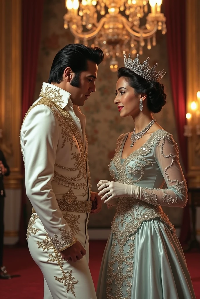 Full-length Elvis Presley looking at the camera with a golden guitar, an arab dancer, rosto de Priscila Presley vestida como uma odalisca sensual, Atraente, fantastic rock album cover image, ultrarealistic, new kodak camera, bem iluminado, maximum rendering, formato 16:9, Amazing image