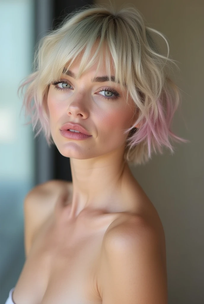 Naked Girl with short White hair with pink tips