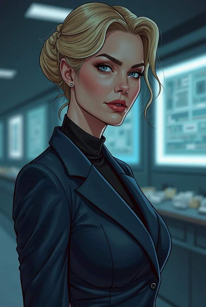 1girl,blue eyes,long hair,hair bun,blonde hair,
red suit,
cleavage,serious,
office,
standing,
(insanely detailed, beautiful detailed face, masterpiece, best quality) solo,<lora:DarkCookie:0.8>,