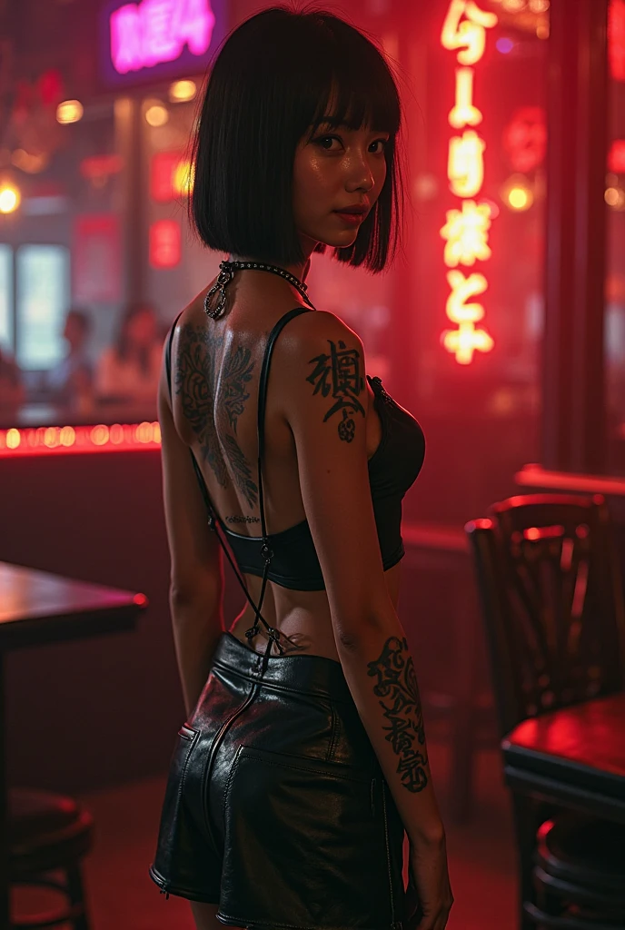 a girl with tattoos and a black dress standing