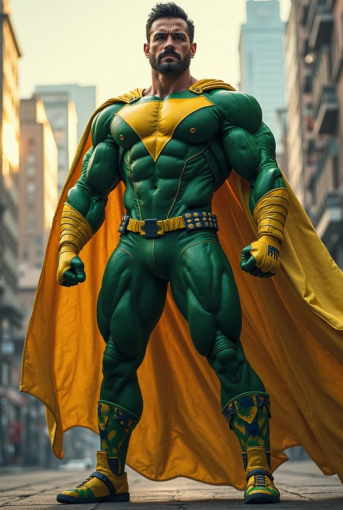 Martian Manhunter, muscle, green skin, red cape, blue breeches with yellow belt, hairless