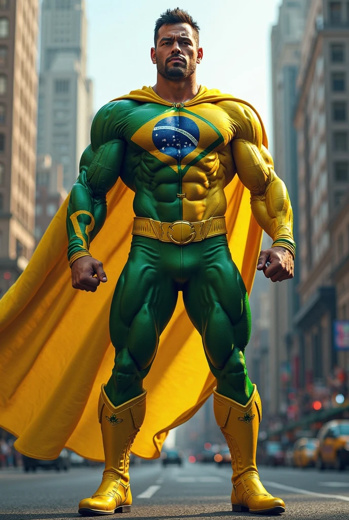 Imagine a striking new superhero, exuding confidence and power, standing tall on the edge of a skyscraper at twilight. He wears a bright yellow hat with a broad brim, which casts a shadow over his determined eyes. His vibrant blue mask covers the upper half of his face, leaving his strong jawline visible. The mask is sleek and form-fitting, adding a modern touch to his classic superhero attire.

His green cape flows dramatically in the wind, symbolizing resilience and hope. The cape is emblazoned with the phrase 'Ordem e Progresso' in bold, white lettering, reflecting his mission to bring balance and progress to the world. The cape's edges are slightly worn, hinting at the countless battles he has faced, yet it still maintains its vivid color, symbolizing his enduring spirit.

He wears a fitted, high-tech suit that complements his cape and mask, with white accents that glow faintly in the fading light. His boots, pure white, are both sturdy and sleek, designed for speed and agility. They reflect his commitment to justice, their bright color standing out against the darker hues of his suit.

In one hand, he holds a futuristic gadget, a symbol of his intelligence and resourcefulness, while the other hand is clenched into a fist, ready for action. The background is a sprawling urban landscape, with city lights beginning to twinkle as night falls. The sky is painted in shades of deep blue and purple, adding a sense of drama and anticipation.

The superhero’s pose is powerful and dynamic, with his cape billowing behind him as if he’s just landed or is about to leap into action. His expression is one of calm determination, eyes focused on the horizon as he prepares to face whatever challenges lie ahead. This hero embodies the ideals of order and progress, standing as a beacon of hope in a world that desperately needs it. The entire scene is bathed in a cinematic, otherworldly glow, highlighting the hero's unique and captivating presence."