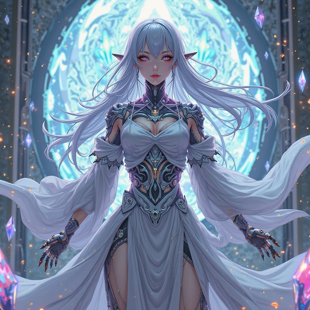 A luminously enchanting polished draugr girl, its ethereal presence emanating from gleaming silver armor adorned with intricate Norse runes. This mesmerizing concept art piece, a digital painting, captures the mythical undead creature in stunning detail. The ghostly figure is outlined by a soft, mystical glow, its features blending seamlessly with the mist-shrouded background. Every curve and line of the undead warrior is meticulously rendered, evoking a sense of otherworldly grace and power. The image exudes a sense of mystique, inviting viewers to delve into a fantastical world of ancient legends and lost souls.