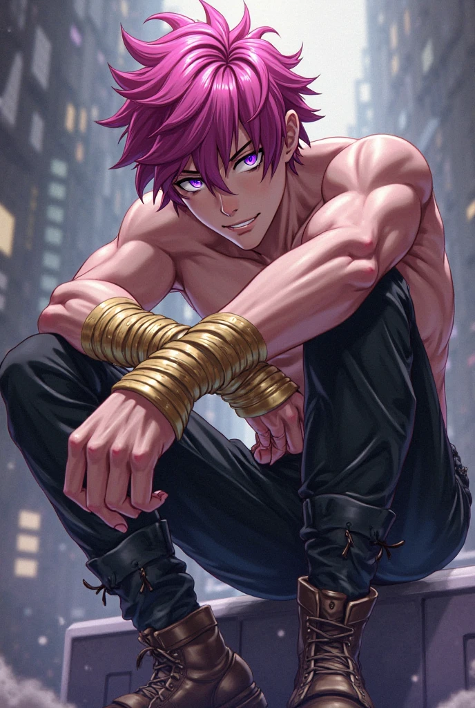 (best quality, highres, ultra-detailed), (realistic:1.37), vibrant colors, bokeh, (portrait), (front lighting), (white scarf), (pink hair), (20-year-old), (embarrassed expression:1.1), (blushing expression:1.1), (big muscular proportionate arms), (strong muscles), (sitting on bed)