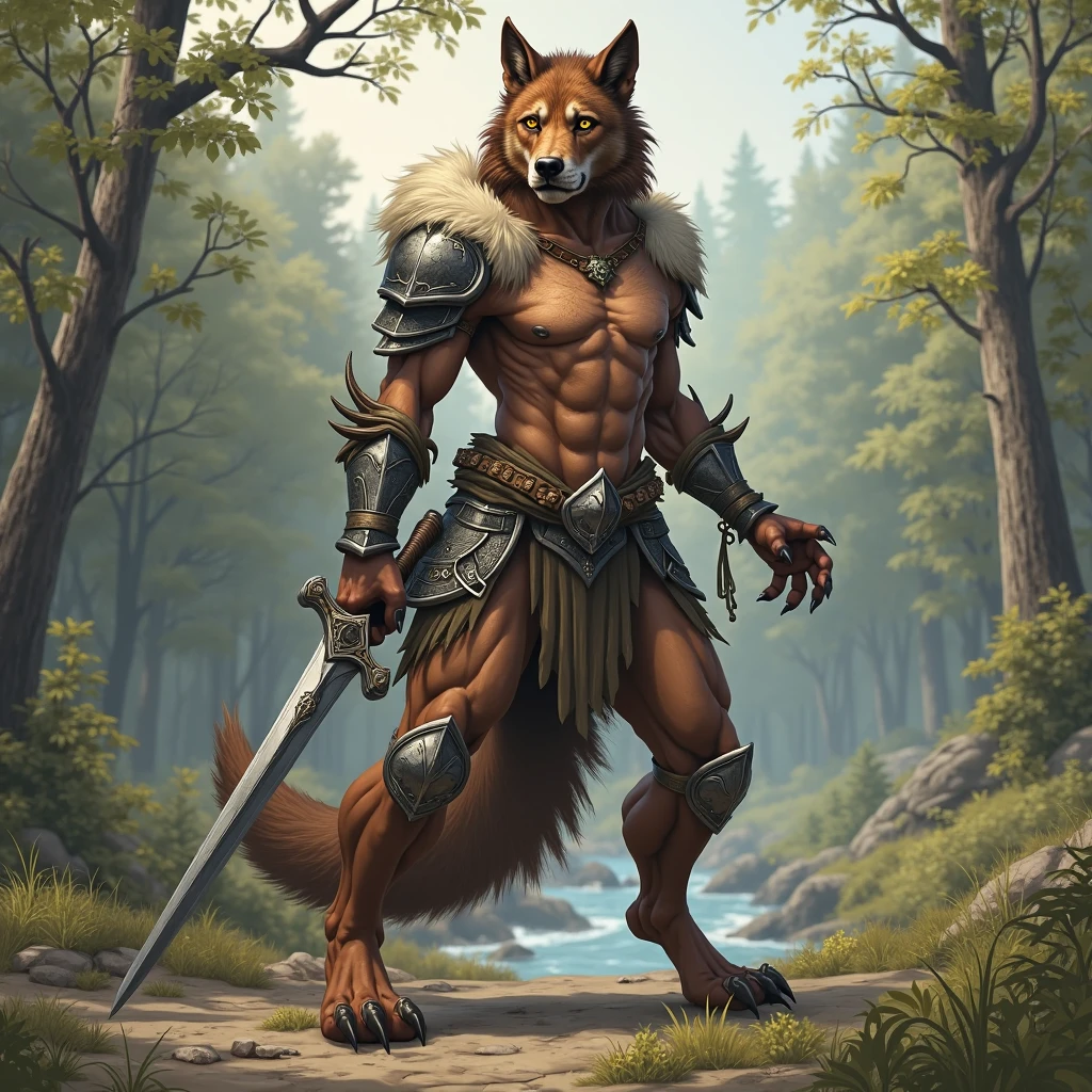 score_9, score_8_above, score_7_above, score_6_above,(Alone), male wolf den, Proud and serious expression, loincloth, muscular, standing, armor, digitigrade, guerrero, forest, by the wide, Conceptual art, dark environment, top-less