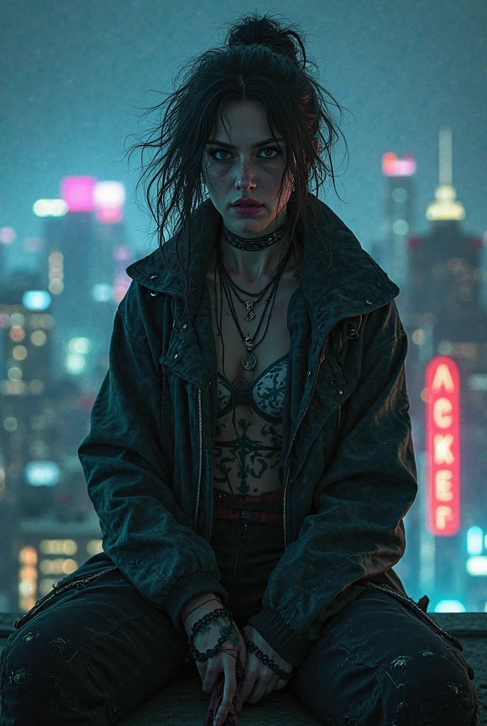 analog style, (full frame photo 1.4) of a Slender, toned woman with pale skin, freckled face, tattooed and blemished skin, dark goth make up, wild curly black and white hair, eyes wide open, big lips, sinister grin, (evil, dark, dangerous), wearing an open leather trench coat with a (mesh top underneath), medium sized breasts, ripped up jeans, combat boots, facing the viewer, New York Alleyway, foggy night, grimy dark city, empty of people, dirty city, slick wet pavement, trashcans nearby, cinematography, volumetric fog, gritty, 8k uhd, dslr, high quality, film grain, bokeh, (((hyper realistic))), (Dramatic lighting: 1.4), by (Jeremy Mann:1.2), photographed on a Sony a9 II Mirrorless Camera, (((meticulous, magnificent, maximum details, extremely hyper aesthetic)))