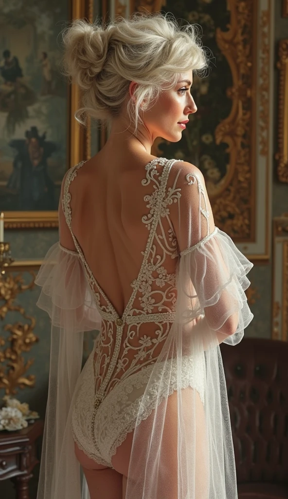 (Obra-prima - Ultradetalhada, alta resolução) Prepare to be enchanted by a true masterpiece that combines ultra-detailed art with high-resolution rendering. Esta obra mostra uma mulher hipnotizante, com cabelos curtos e loiros claros, estilo anos 1950, Marilyn Monroe (1.3) e olhos castanhos cativantes (1.2), new york illustration style, usando batom vermelho, emanating an aura of elegance and mystery. Wearing classic 1950s clothing. Sorriso grande, sorridente e feliz. Intricate details and realistic textures invite you to explore every aspect of this enchanting composition. Vestido branco transparente. Deitado na cama. looking behind. Prepare-se para mergulhar em um mundo onde a beleza e o artesanato se fundem perfeitamente.