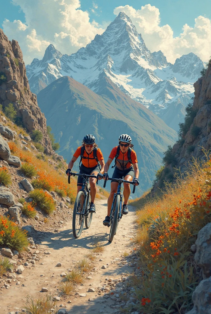 Several cyclists climbing a mountain, with a sunset background in 3d animation image