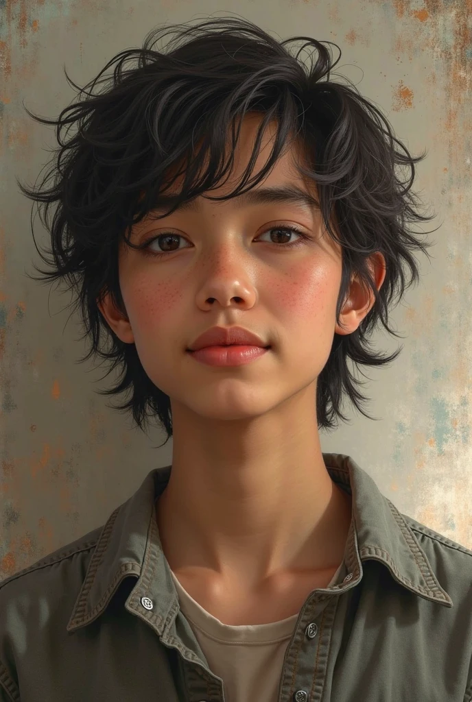 photorealistic portrait of Japanese 18 year old, young boy, with reddish brown hair and reddish brown eyes, sharp intense gaze, and tussled hair and  mole on upper lip. Plump lips, angled eyebrows intricate details, sharp focus, ultra-detailed, masterpiece, dramatic lighting, cinematic composition, vibrant colors, photorealistic