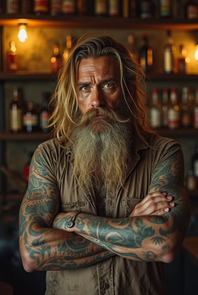 A man with beard, sitting, whiskey, long dred lock hair, a graffiti wall