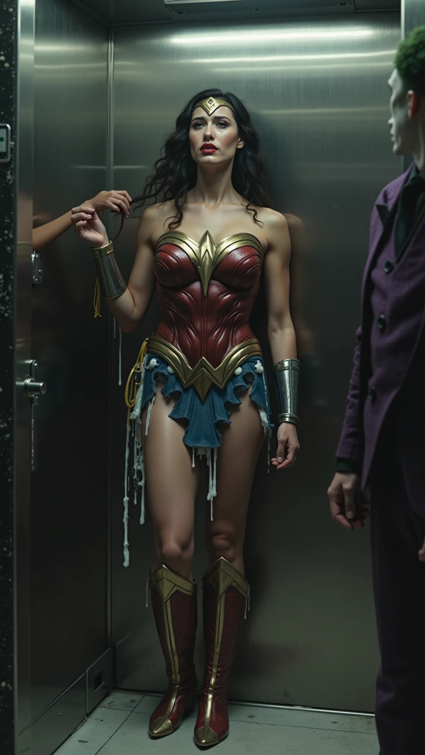 Wonder Woman (Gal gadot age 30) in a lovely sheer evening dress, looking adorably insecure and awkward as she approaches Bruce Wayne, fancy gala