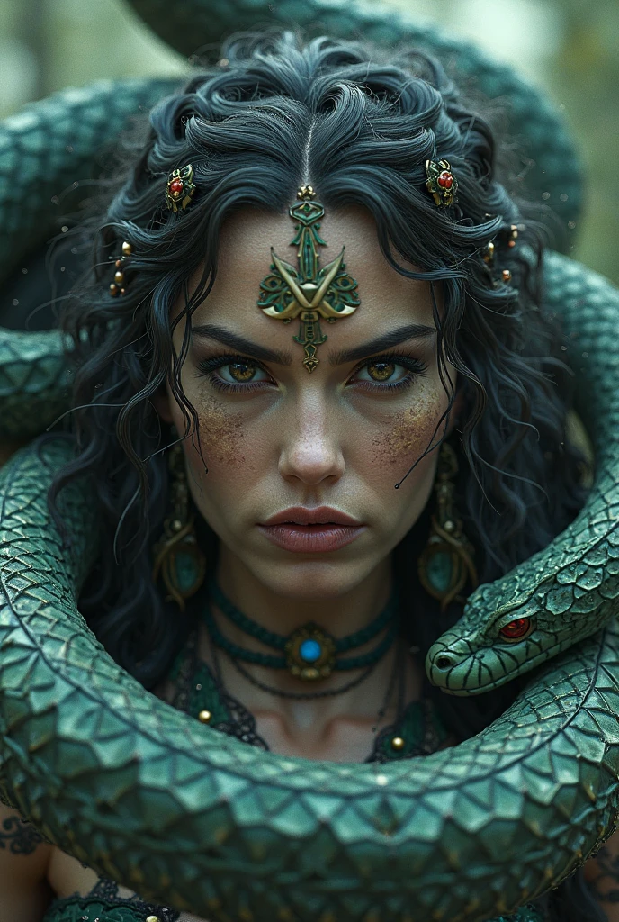 very beautiful woman with features of a beautiful Brazilian indigenous woman, wearing a dark green dress and jewelry that reminds us of snakes, her skin is covered in tribal tattoos that allude to snakes.