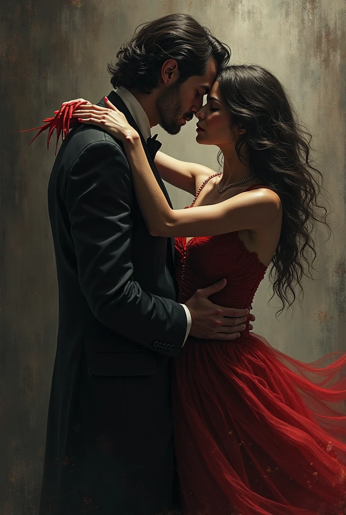 ethereal photo of an elegant couple, Brazilian nationality, tanned skin, emerging from swirls of smoke and red and black vapors, Peter Lindbergh style, masterpiece of complex art, foreboding, golden ratio, Trend in CGSeteration, intricate, epic, trend in ArtStation by artgerm, highly detailed, vibrant, production cinematic character rendering, very high quality model