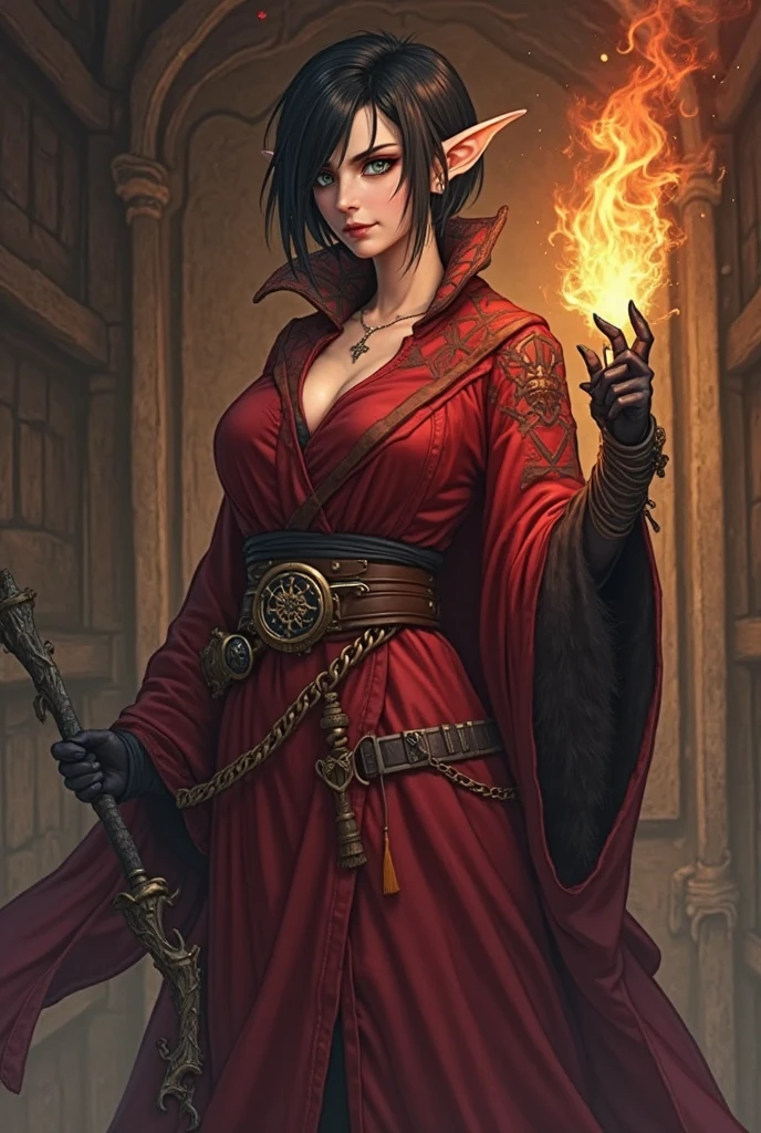 ArsMJStyle, dnddarkestfantasy, SLurty Elf Maiden with wide hips and big chest in a tavern. She is sitting on a table and seductively calls the viewer with hands