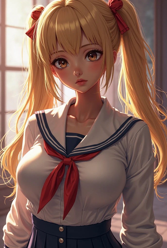 concept:美しいwomanの肖像画。 quality:(最高quality, 4k, High resolution, masterpiece:1.2), Super detailed, (realistic, フォトrealistic:1.37), lighting effects:strong contrast, Bright colors and mesmerizing effects, Soft and delicate lighting, gentle shine, Subject information:alone, ((woman)), (round eyes), (small face), (high detail skin:1.2), long eyelashes, glossy lips, (blonde, twin tails, green eyes), (slim body shape), Highly detailed face and skin texture, (Joyful), (sailor suit), droopy eyes, look up, upper glance, seductive thighs, Other details:school classroom:1.5, beautiful skin, shiny skin, perfect fingers, five fingers, anatomically correct, background bokeh, ultra wide angle lens, 22㎜, f/1.2, photo shoot,