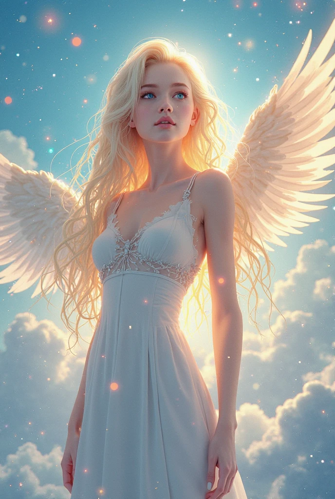 A beautiful female angel sitting on a pink cloud watching you., night