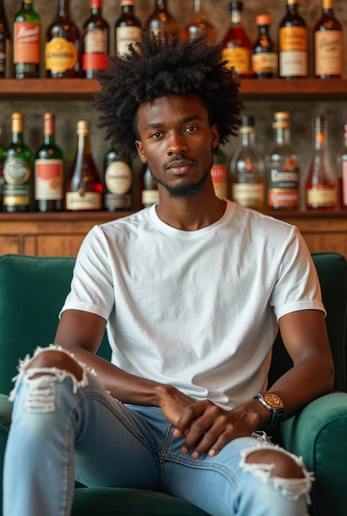 a 25 year old (caribbean) man, curly hair of an american man, confident, masculine, jawline, indoors, looking in the camera, sitting at a cafe, on a date, morning time, brightness, perfect outfit, aromatic atmosphere, flowers