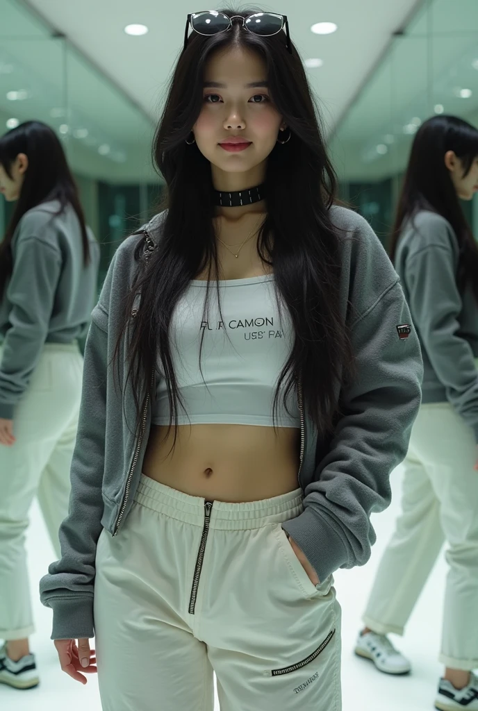 Create an image of a girl with long black hair and bangs, put her wearing a blue outfit as if she had taken it on your cell phone camera at a club 