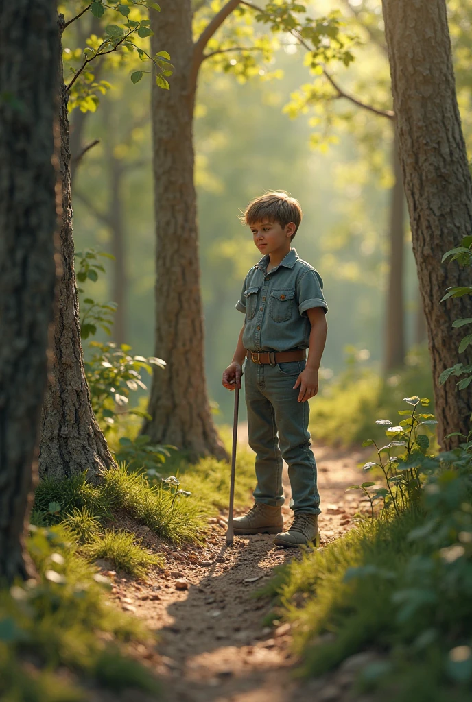 Create an illustration for a fairy tale about a boy,surrounded in the forest and talking to birds