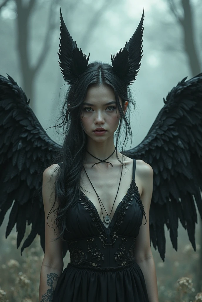 (White concept:1.0),Girl with angel wings like a doll, Lord of the Pit, nearly naked, Thin body, Skinny, Small Breasts, flat chest, (Dynamic poses:1.2), Thin body, Tiny , From the navel upwards, From below, Demon Crown, Dragon Horn, Looking down at the camera, (No hands),(Highest quality authentic textured skin),(beautiful, round, Symmetrical eyes),Exquisite facial features,(Burning and cold eyes), very slim and Thin body, naked, naked体, (She had a mischievous sadness on her face),Metal earrings on the ears,Messy painting,(Hair flying in the air:1.5),,(Surrounded by black feathers),Epic realism,Cinema-like feeling,(High-density imaging:1.5),Extremely detailed,Dramatic light,(Intricate details:1.1), Complex background, Fractal background,(Fangs:1.2)