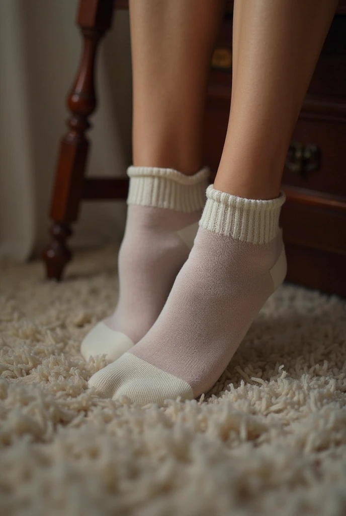 soft light, back facing photograph of hnnhxl, portrait photography, look over shoulder, bedroom, RAW format high quality photograph, wearing white crop top and shorts, (freckles:0.7), Fujifilm X-E4, Fuji 75mm f1.2 lens, ((feet, ankle socks, white ankle socks, soft legs,))
