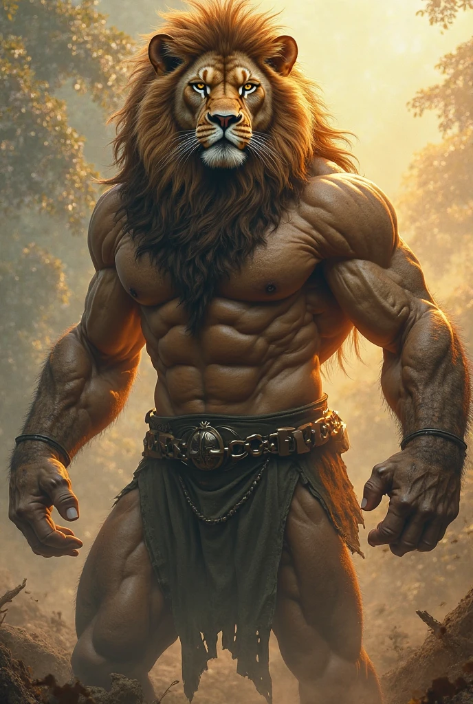(a golden lion:1.1),tall,strapping and muscular,dark brown hair,blue eyes,ugly loincloth,background: room full of chains,shadows,(golden lion),(his hands are chained very high,the chains are holding his entire body up in the air),(bathed in sweat),(no accessories or objects on his muscular body),high quality,ultra-detailed,(realistic:1.37),portraits,vibrant colors,dramatic lighting