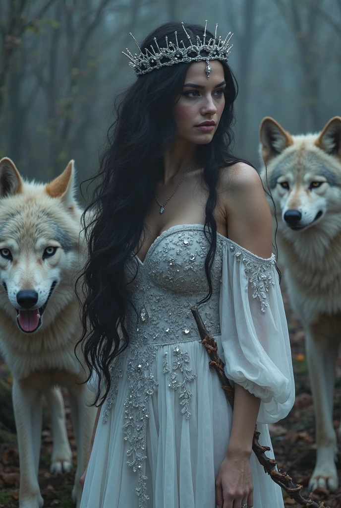 a princess with white skin,long black curly hair, wearing a baby pink dress with two large wolves by her side,a black and a white, 