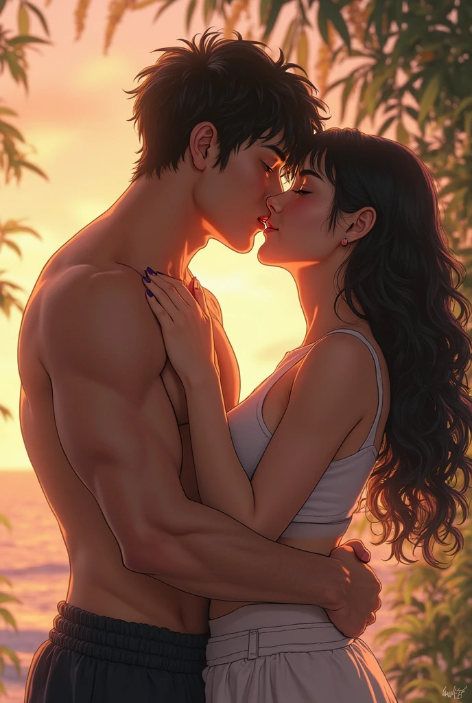 A romantic scene of a young couple with Asian features, where a shirtless man with long black hair is embracing a woman from behind in an outdoor urban setting. The woman, with long black hair, is gently leaning against him, creating an intimate and serene moment. They are surrounded by blurred buildings and greenery in the background, emphasizing their closeness.