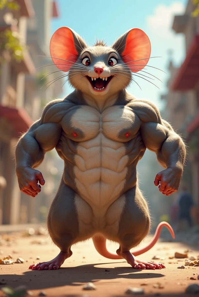 A muscular black rat, defined and tall, arrogantly showing off his muscles to humans, humans are thin and impressed, disney pixar style 3d.