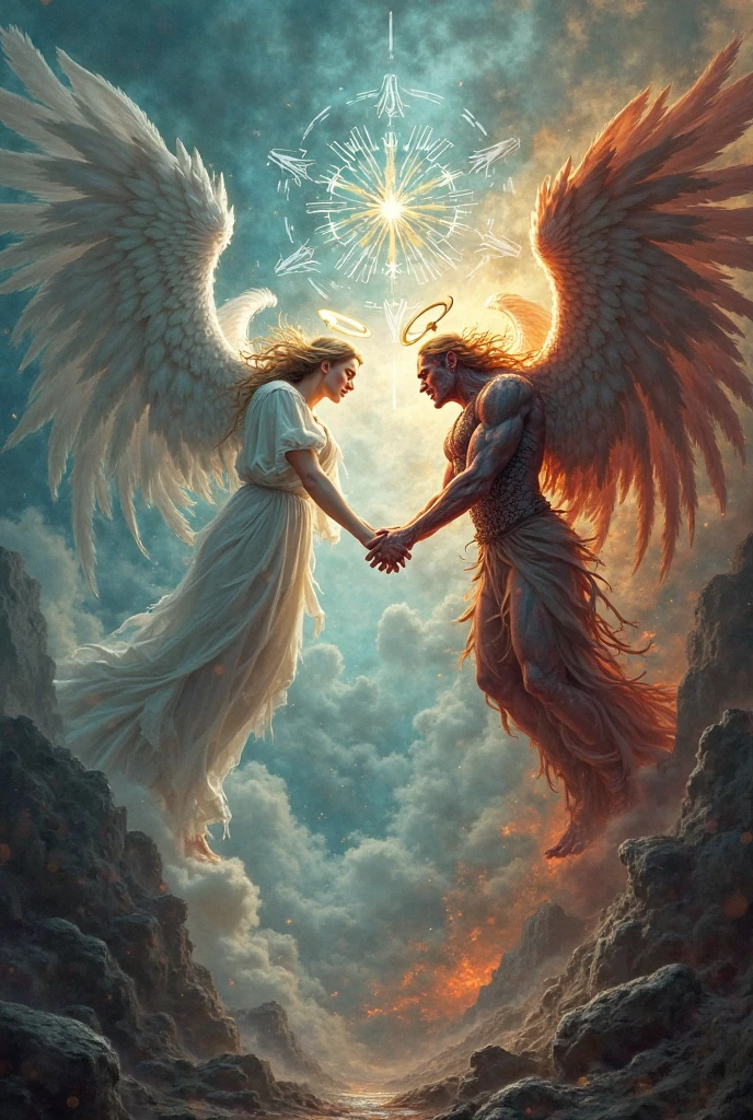 Epic animation of the battle between Michael and Lucifer, with stunning visual effects.