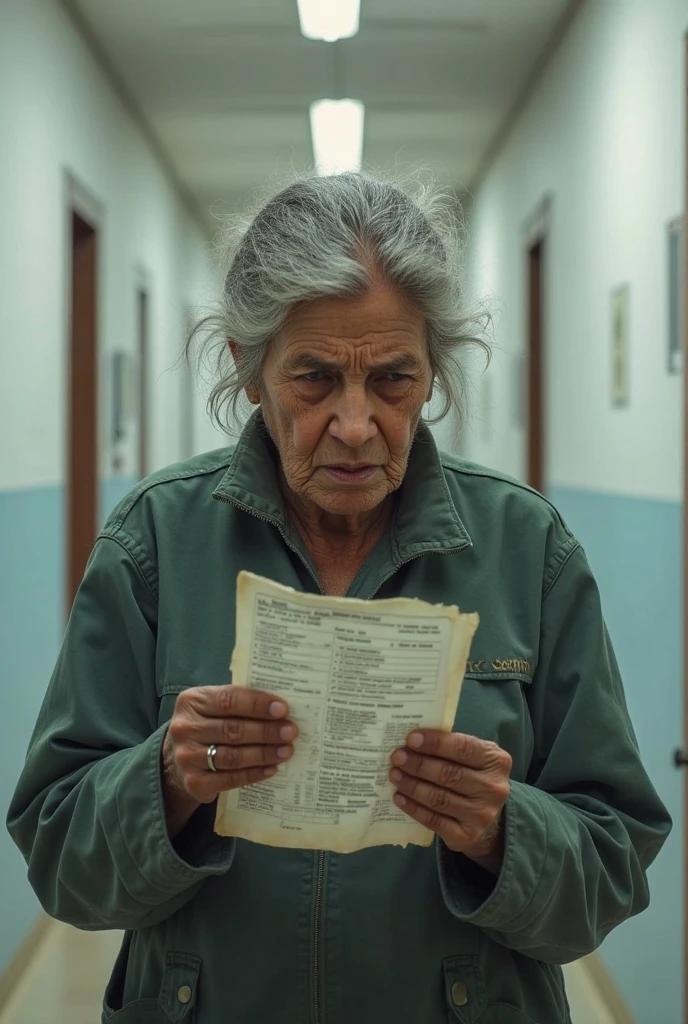 Lady with a tired expression ,cleaning lady outfit ,holding a ticket with fear