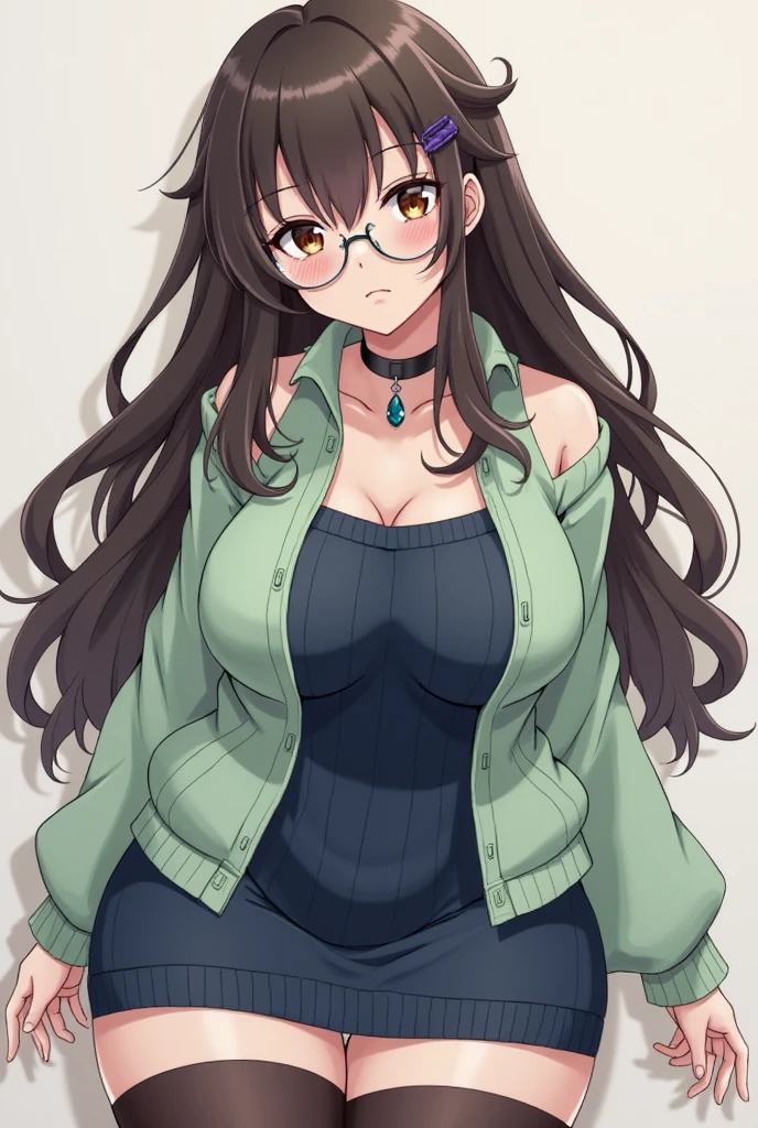 {{masterpiece}}, The best quality of life, 、((Dark brown long hair、Hair tied together in a braid)) 、 Cute female, (Green Eyes)、Expressionless adult woman、((White background))、tall、One woman with good style、Large Breasts、(((simple、Dark grey dress、Loungewear、summer)))、Thin glasses