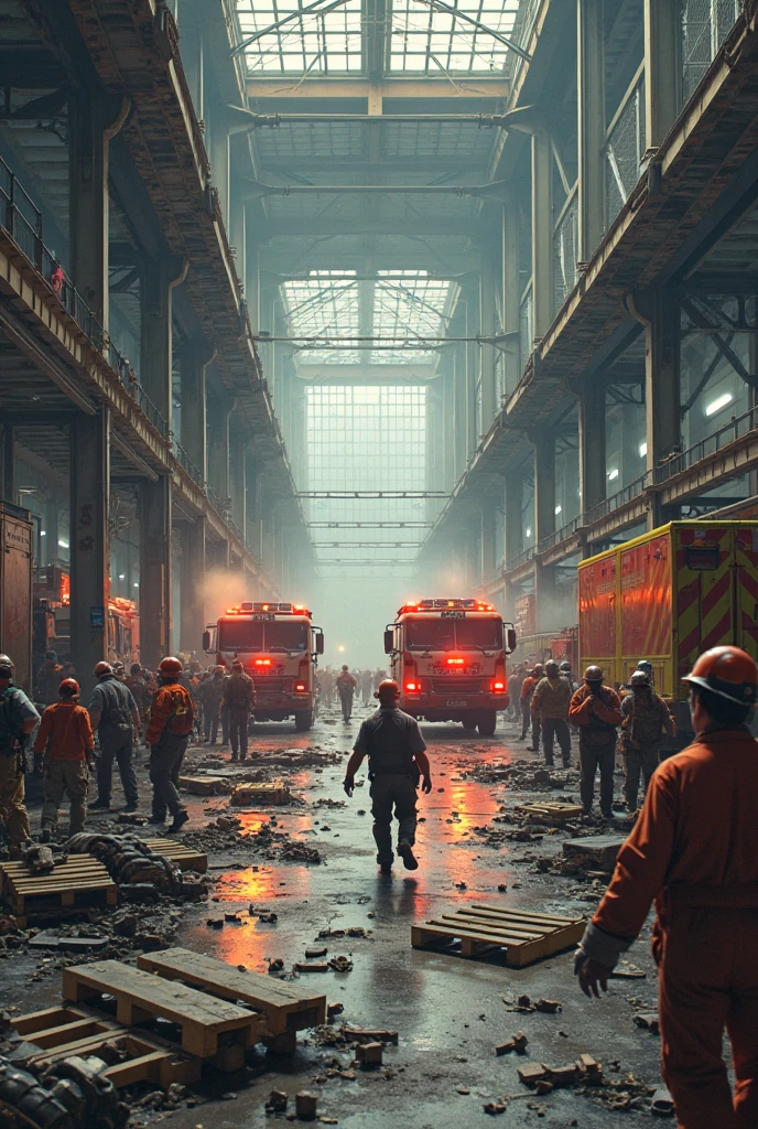 Four firefighters sang in chorus,Wear a fire brigade uniform,Stand by the fire truck,Illuminated,Showcases an industrial style and a hardcore vibe。 --auto