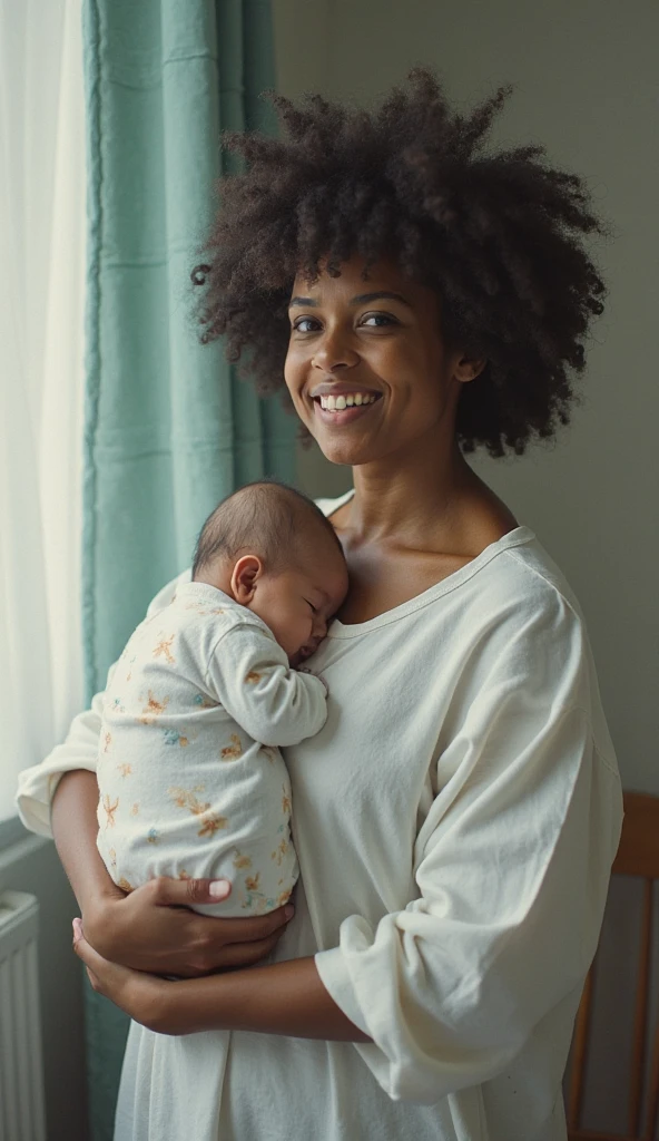 A Brazilian woman, wearing an open shirt with a floral print, with a close-up capturing the harmonious beauty of an outgoing personality with a baby in her arms.
