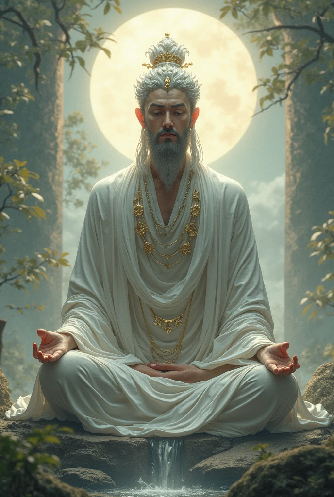 A tall man, good appeal, white hair and violet eyes, purple face tattoos, ancient chinese clothing, meditating in a sanctuary