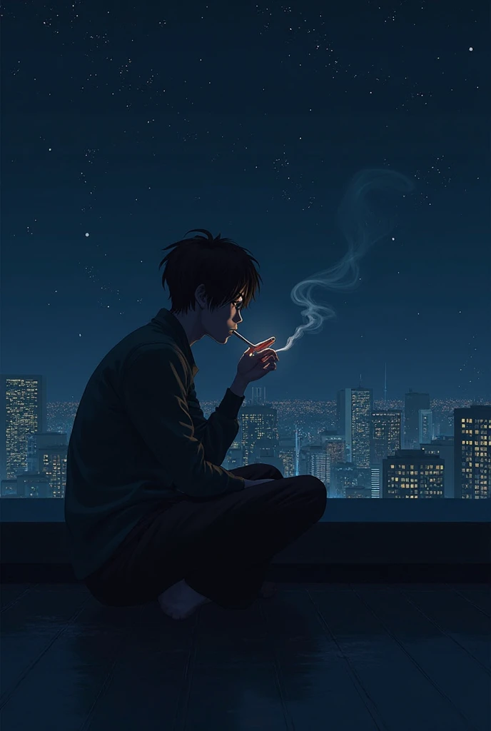 Handsome anime adult boy sitting on a chair smoking and looking out the window at night
