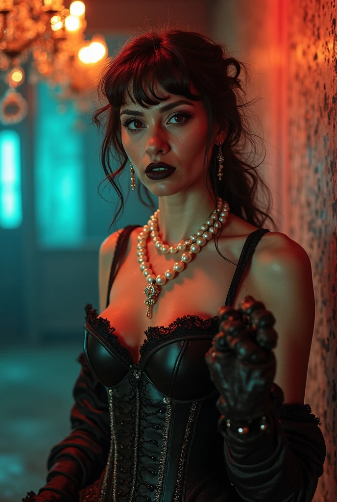 Generate an image of a ???? woman, With ???????????, with a spiked collar, with black lips, white eyes, indespised face being mesmerized by a watch attached to a chain