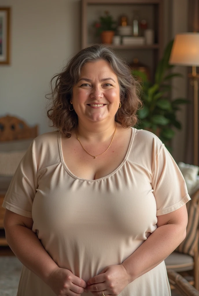 Fat woman with curly hair with bangs on forehead with fair skin wearing glasses