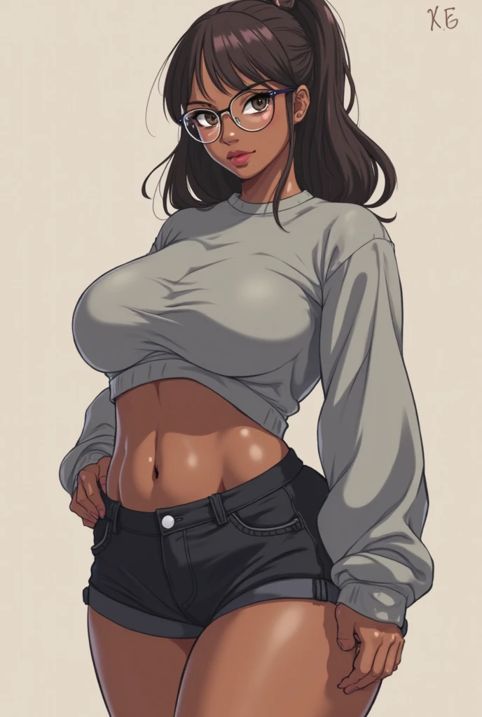 agressive girl, grinning, cute glasses, rear, (((sitting at desk, comfy sweater, shiny plastic pants, ))) thick calves, textured pants, 