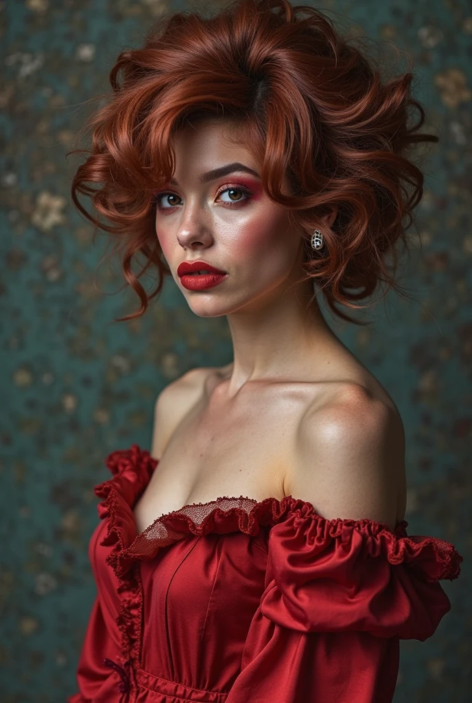 A bright burgundy dyed tigress brunette in a red dress with a thick but slim build and a round face with short 3c curly hair with few breasts and wide ribs 