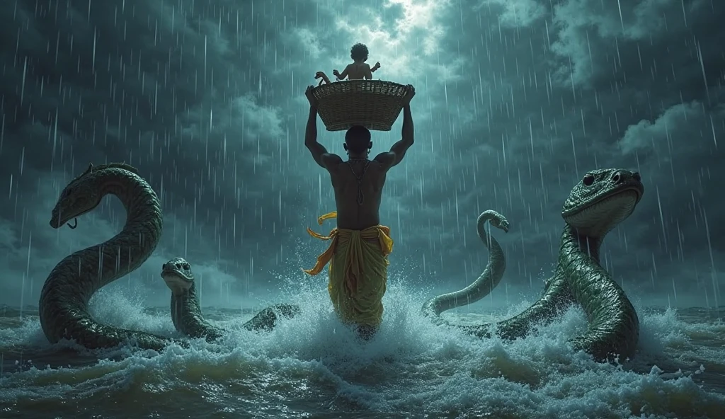 Lord Krishna father carrying him on bamboo basket on his had and crossing blue sea in heavy rain and biggest head Cobra standing behind him