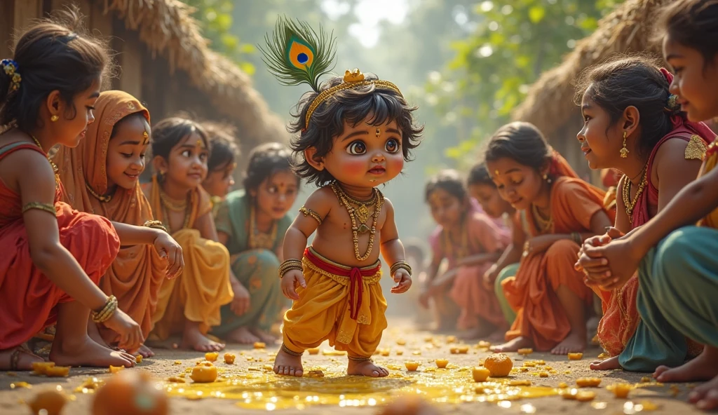 Beautiful kids lord krishna with peacocks throne running on street of mathura